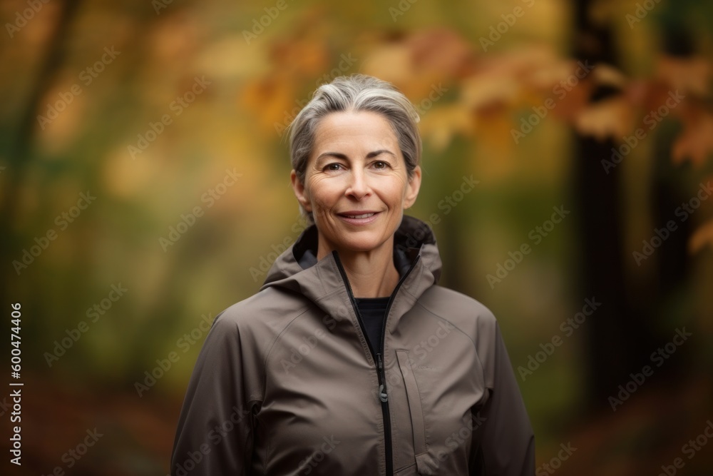 Pet portrait photography of a pleased woman in her 40s wearing a comfortable tracksuit against an autumn foliage background. Generative AI Pet portrait photography of a pleased woman in her 40s wearing a comfortable tracksuit against an autumn foliage background. Generative AI
