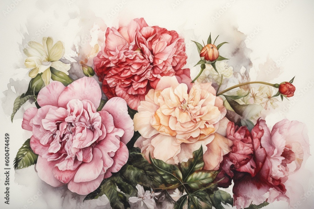 Watercolor botanical illustration of roses and carnations. Generative AI