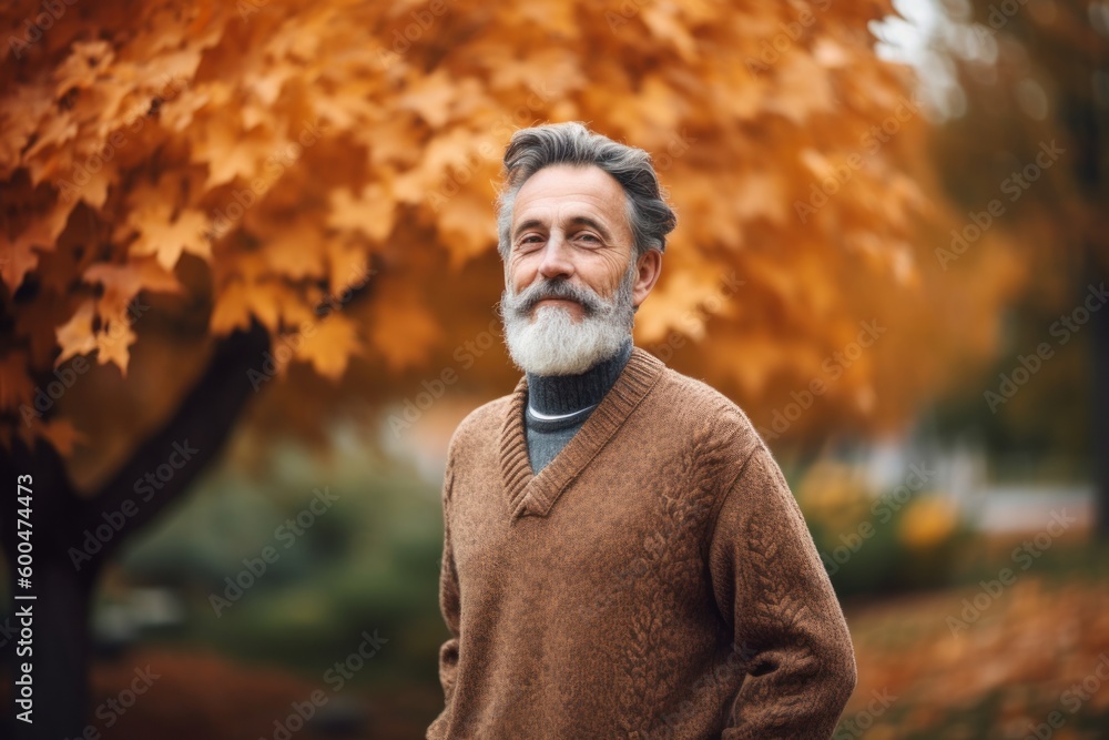 Portrait of a senior man in the autumn park. Bearded man in a brown sweater. Portrait of a senior man in the autumn park. Bearded man in a brown sweater.