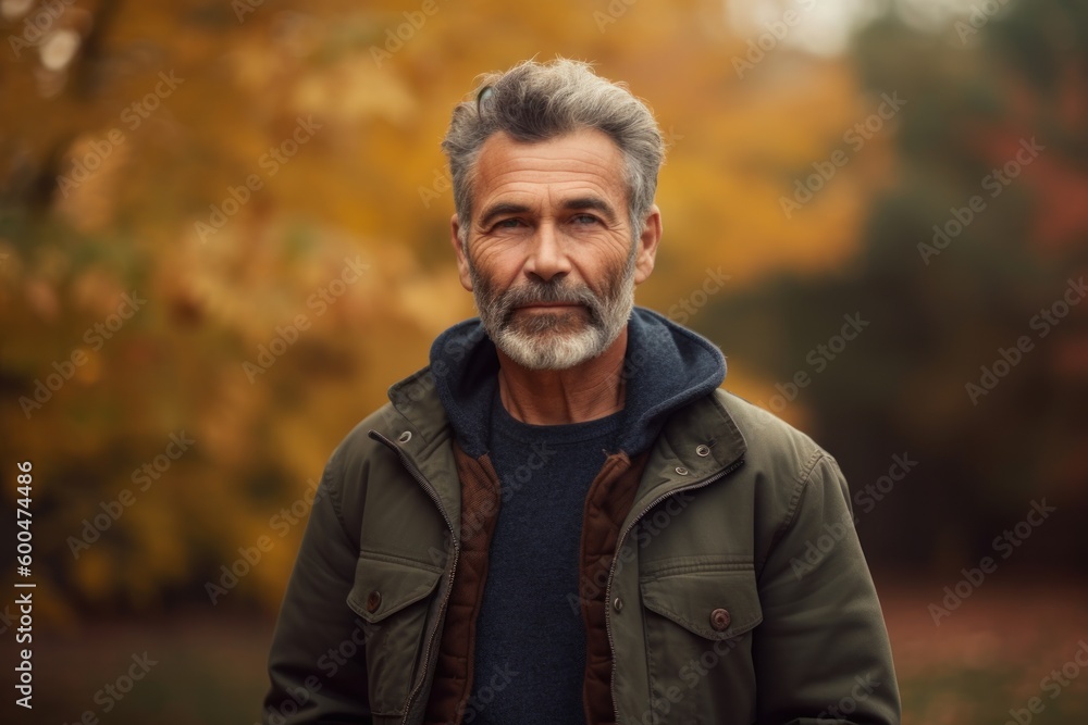 Portrait of a senior man in the autumn forest. Portrait of a gray-haired man in the autumn forest. Portrait of a senior man in the autumn forest. Portrait of a gray-haired man in the autumn forest.