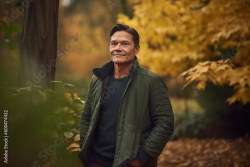 Portrait of mature man standing in autumnal park, smiling.