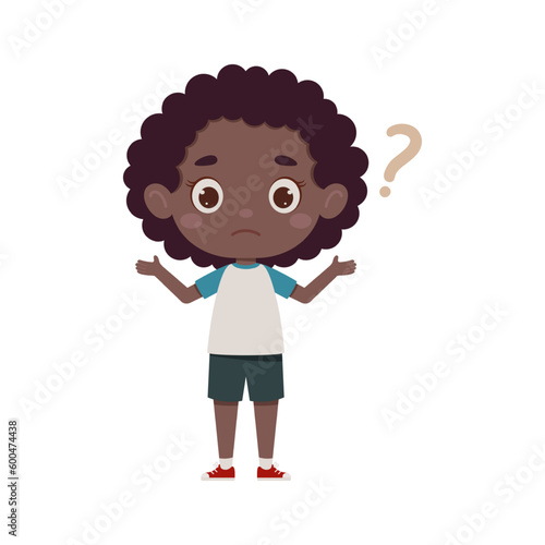 Cute little kid african girl confused with question mark. Cartoon schoolgirl character show facial expression. Vector illustration