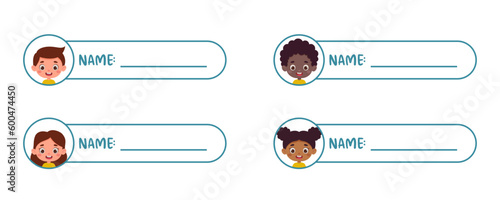 Cute kid boy and girl name tags for school. Sticky labels set for children name. Cute cartoon kids shaped notepads, flag markers for office school, scrapbooking, print. Vector stock illustration