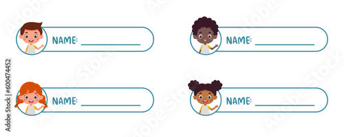 Sticky labels set for children name. Cute kid boy and girl name tags for school. Cute cartoon kids shaped notepads, flag markers for office school, scrapbooking, print. Vector stock illustration