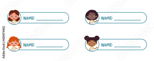 Sticky labels set for children name. Cute kid girl name tags for school. Cute cartoon kids shaped notepads, memo pad, flag markers for office school, scrapbooking, print. Vector stock illustration