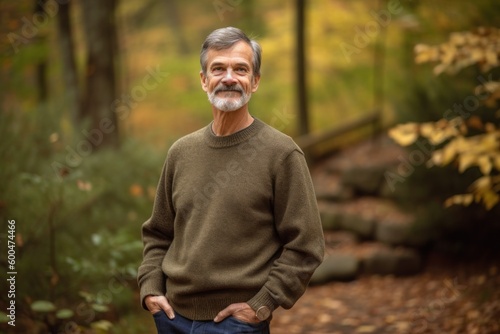 Portrait of a senior man in the autumn forest. Mature man in the park.