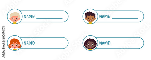 Cute kid boy and girl name tags for school. Sticky labels set for children name. Cute cartoon kids shaped notepads, flag markers for office school, scrapbooking, print. Vector stock illustration
