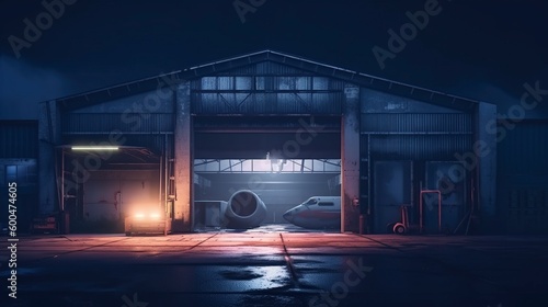 illustration, garage with neon lighting, generative ai