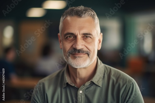 Environmental portrait photography of a satisfied man in his 50s wearing a sporty polo shirt against a classroom or educational setting background. Generative AI