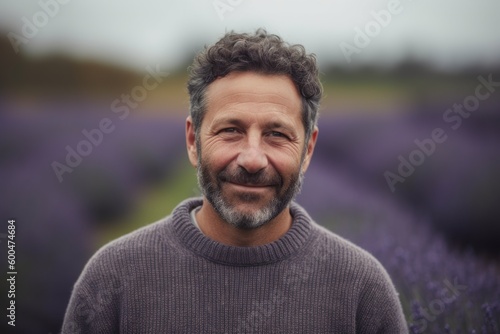 Group portrait photography of a pleased man in his 40s wearing a cozy sweater against a lavender field or flower farm background. Generative AI