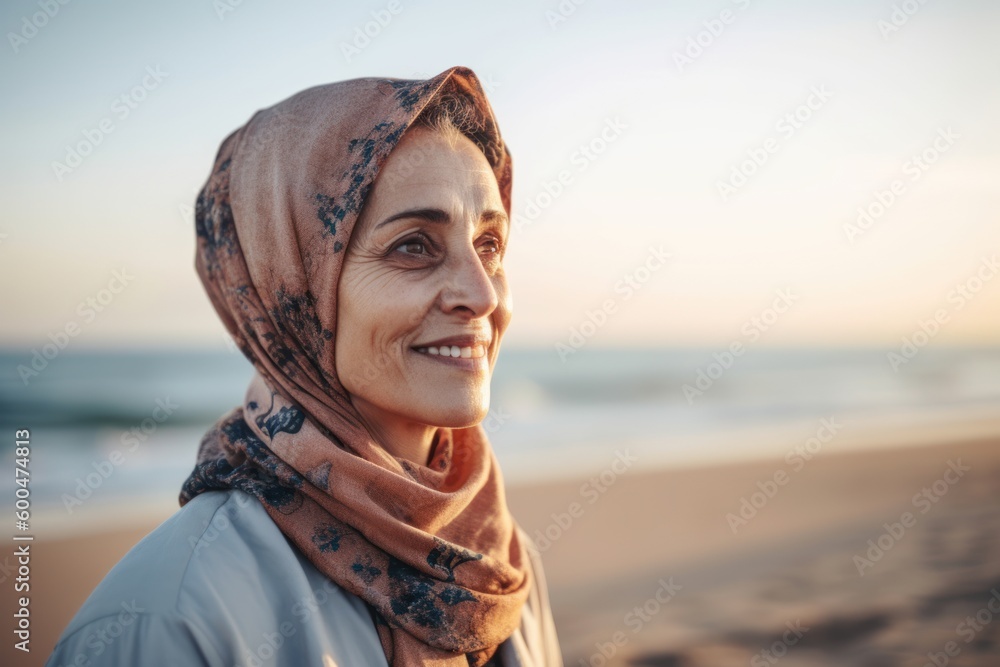 Portrait of smiling senior woman in headscarf standing on beach Portrait of smiling senior woman in headscarf standing on beach