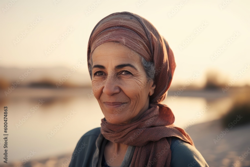 Portrait of senior woman wearing headscarf in the desert.