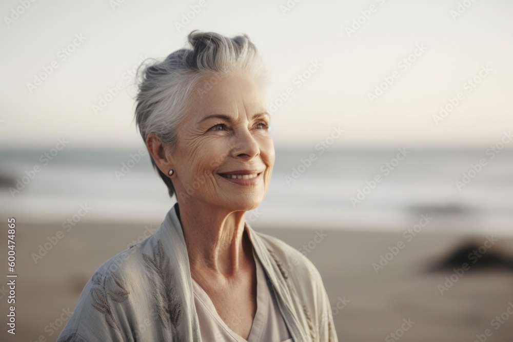 Portrait of smiling senior woman standing on the beach at sunrise. Portrait of smiling senior woman standing on the beach at sunrise.
