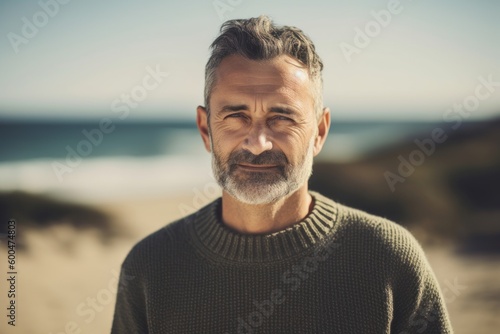 Portrait of senior man with grey beard on the beach in autumn