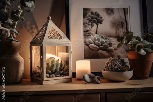 Mock-up of a Scandinavian home with succulents and paper on the wall. Generative AI