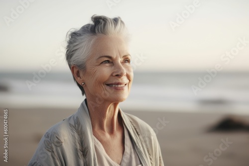 Portrait of smiling senior woman standing on the beach at sunrise.