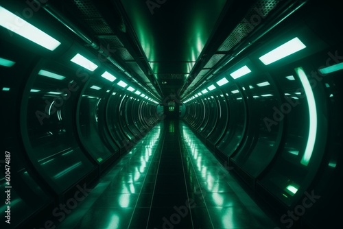 Green and black tunnel of futuristic technology. Generative AI