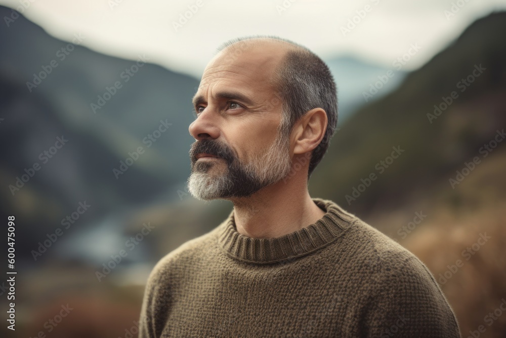Portrait of a handsome middle-aged man with gray hair and beard in the mountains Portrait of a handsome middle-aged man with gray hair and beard in the mountains