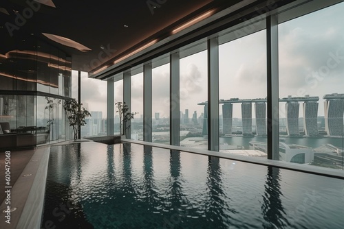 Luxurious penthouse w/ pool & stunning Singapore skyline view. Generative AI © Akio
