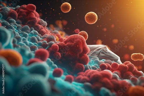 Bacteria resistant to antibiotics in biofilm communicating via quorum sensing. 3D illustration. Generative AI photo