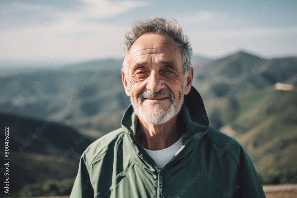 Portrait of a smiling senior man standing on top of a mountain