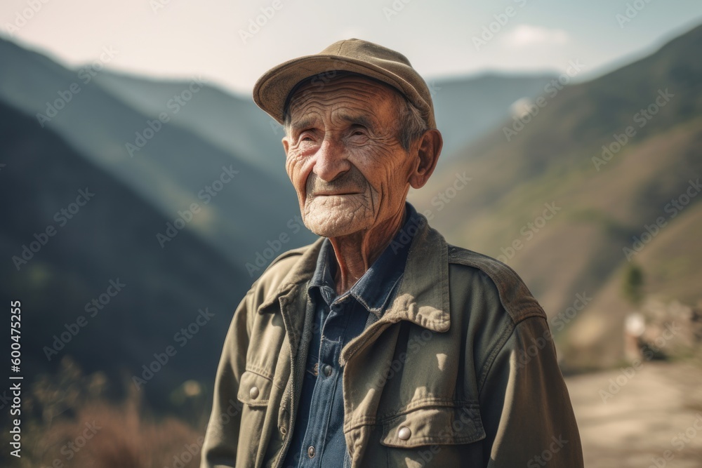 Portrait of an elderly man with a hat in the mountains. Portrait of an elderly man with a hat in the mountains.