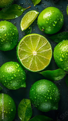 Fresh green limes with water drops on them. Created with Generative AI technology.