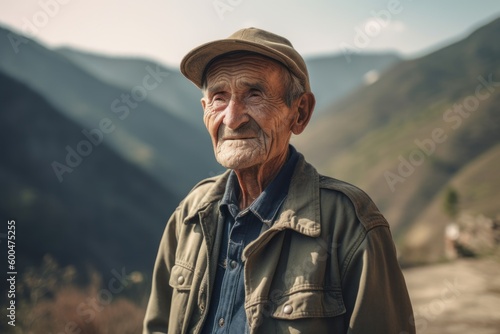 Portrait of an elderly man with a hat in the mountains.