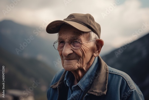 Portrait of an old man in a cap and glasses on the background of mountains