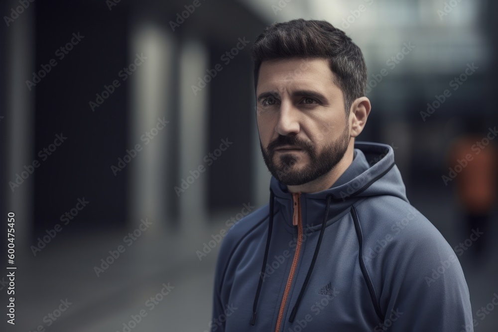Portrait of a handsome young man with a beard in a blue hoodie Portrait of a handsome young man with a beard in a blue hoodie