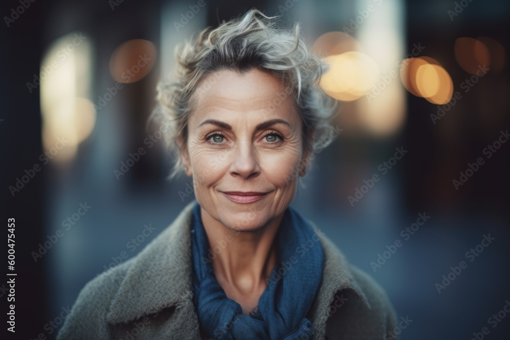 Obraz premium Portrait of beautiful senior woman in coat looking at camera in city