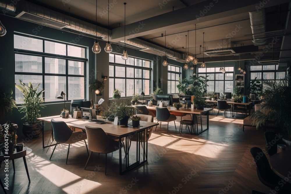 A bright and edgy co-working space with urban backdrop and furnishings, depicted through 3D imagery. Generative AI