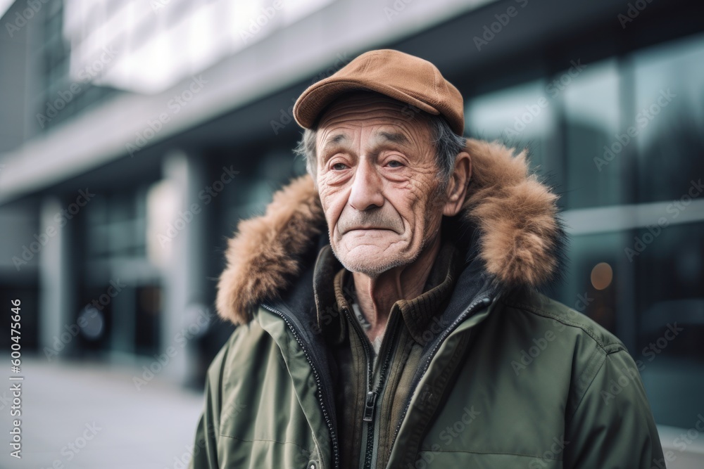 Portrait of an elderly man in a coat and cap on the street Portrait of an elderly man in a coat and cap on the street