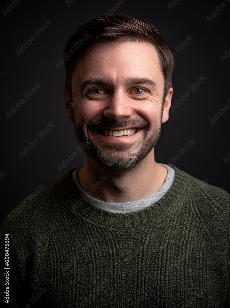 Portrait of handsome bearded man against black background and looking at camera