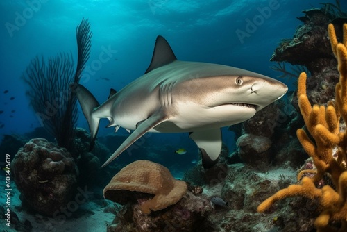 Shark found in Caribbean coral reefs. Generative AI