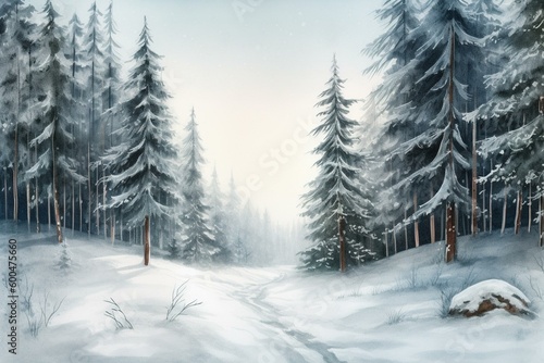 Illustration of winter forest with watercolor fir trees, frozen nature, rural landscape and holiday background. Generative AI © Emery