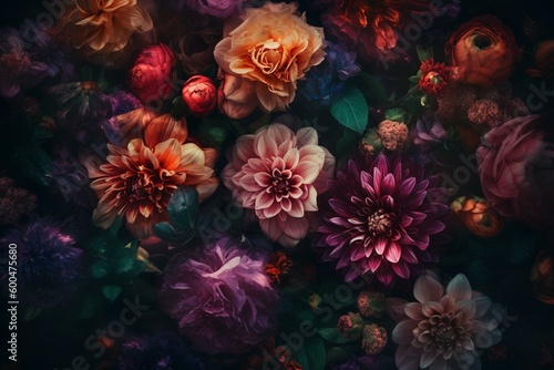 Stunning glowing florals, exquisite top-down view. Keywords: fantasy, luminous, flowers, beautiful, background, floral, top view, exquisite, stunning, glowing. Generative AI