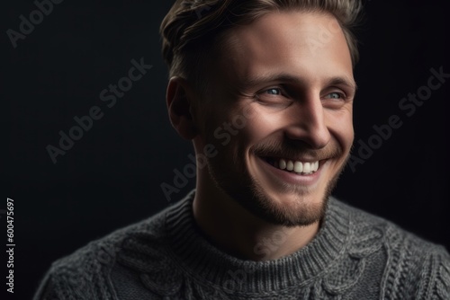 Portrait of a handsome young man in a sweater on a black background © Robert MEYNER