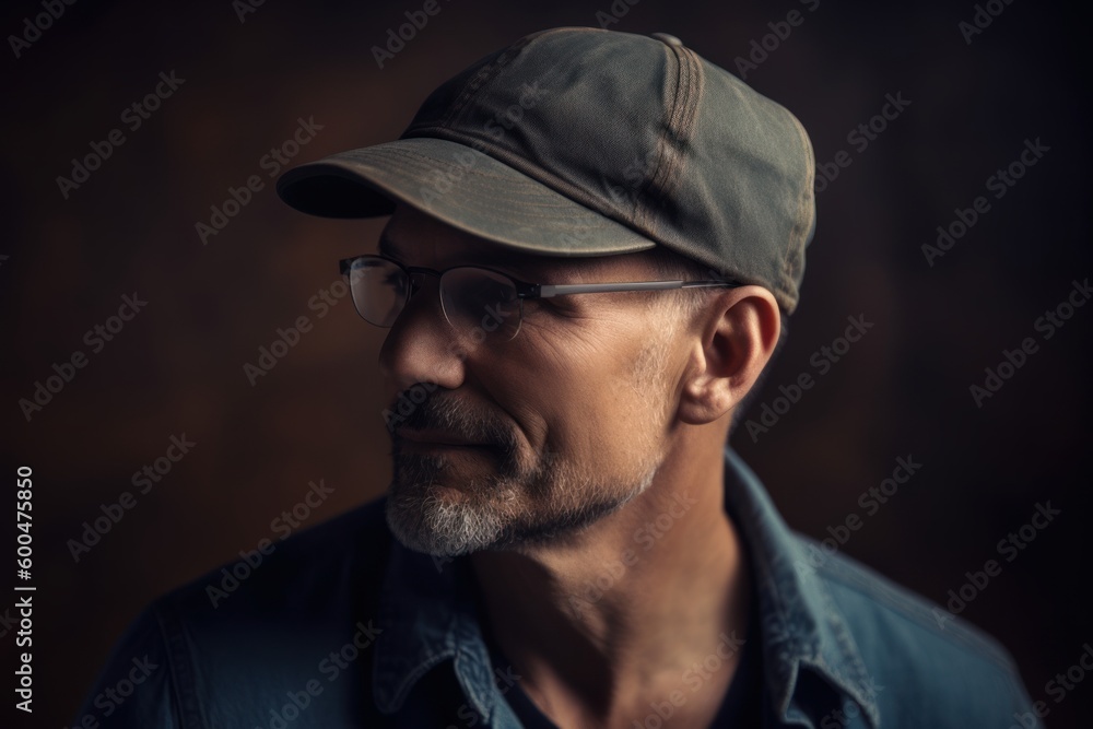 Portrait of a handsome middle-aged man in a cap and glasses. Men's beauty, fashion.