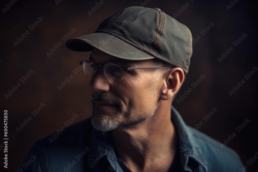 Portrait of a handsome middle-aged man in a cap and glasses. Men's beauty, fashion. Portrait of a handsome middle-aged man in a cap and glasses. Men's beauty, fashion.