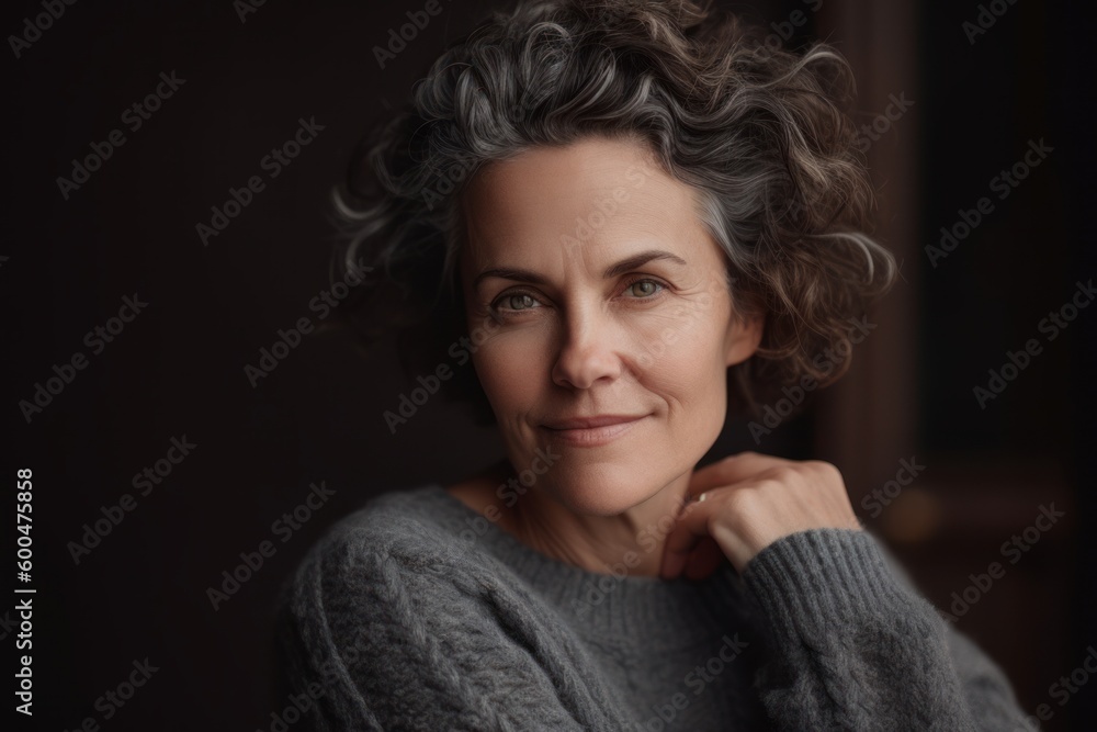 Portrait of a beautiful middle-aged woman in a gray sweater Portrait of a beautiful middle-aged woman in a gray sweater