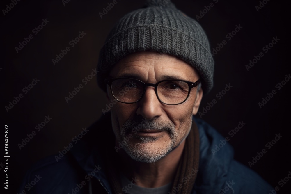 Environmental portrait photography of a satisfied man in his 50s wearing a warm beanie or knit hat against an abstract background. Generative AI Environmental portrait photography of a satisfied man in his 50s wearing a warm beanie or knit hat against an abstract background. Generative AI