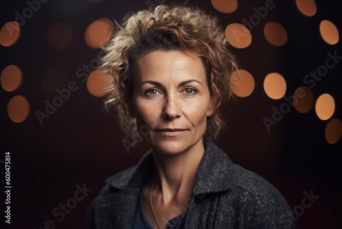 Portrait of a middle-aged woman in a dark room.
