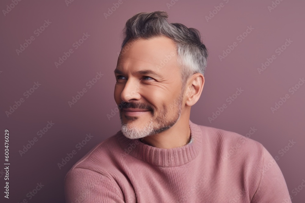 Fototapeta premium Portrait of a handsome middle-aged man in a pink sweater on a purple background.