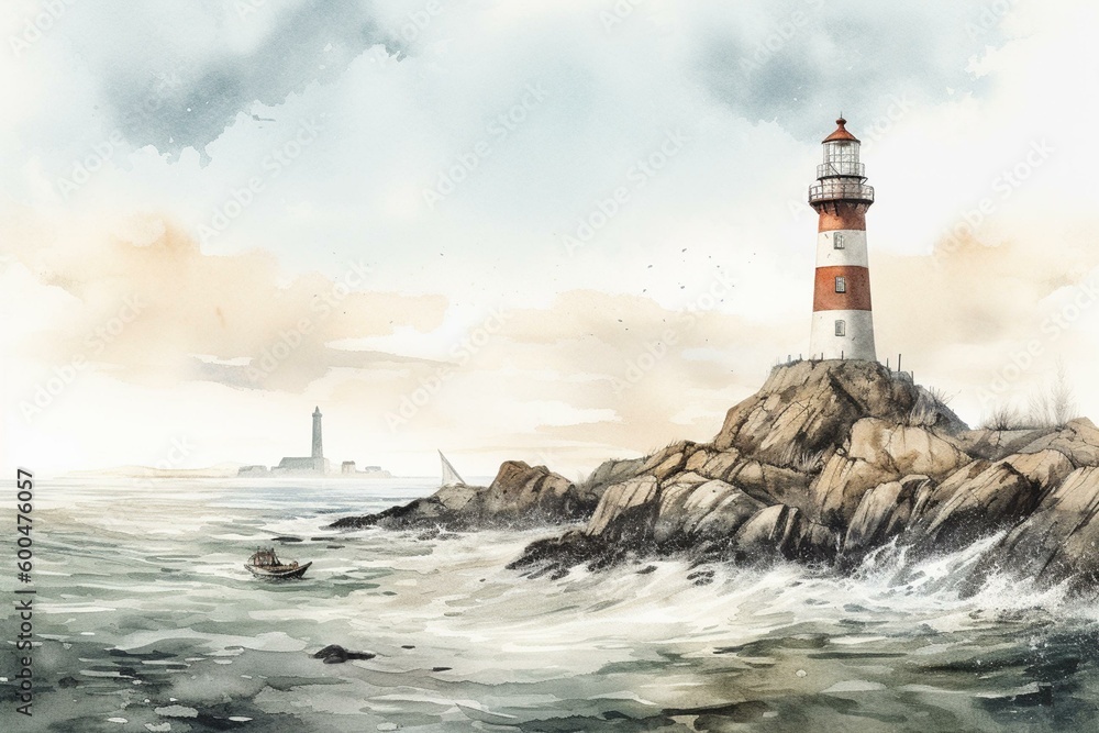 Hand-drawn watercolor illustration of seascape with rocks and lighthouse in background, isolated on white, with copy space. Generative AI