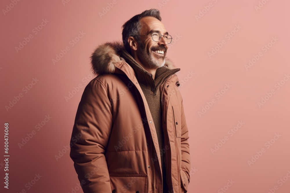 smiling middle aged man in winter jacket and eyeglasses looking away isolated on pink