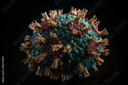 3D illustration of COVID-19 virus on black background. Generative AI