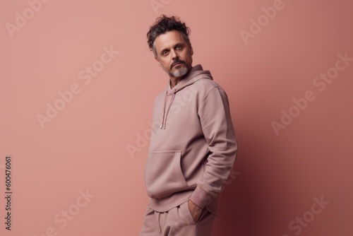 Handsome bearded man in a pink hoodie on a pink background