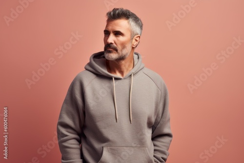 Portrait of a man in a gray hoodie on a pink background