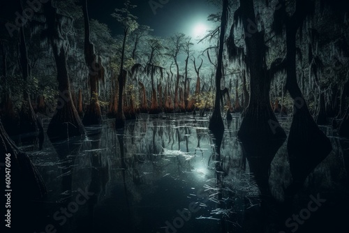Eerie cypress swamp at night with moonlit water and dark trees. Generative AI